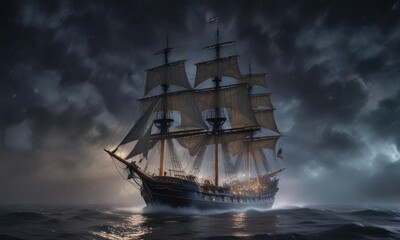 Fototapeta premium Tall ship navigating through dense fog under a starry night sky with dark clouds looming in the background, nighttime fog, evening sail, sailing adventure