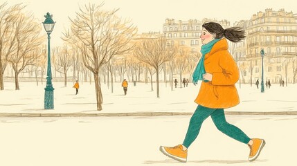 Fototapeta premium Illustrated Woman Strolling Through Winter Park in Vibrant Orange Coat and Teal Scarf