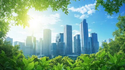 Modern City Skyline Framed by Lush Green Foliage