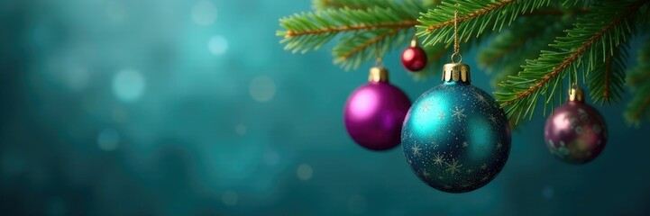 Obraz premium Teal and purple Christmas ornaments hanging on a evergreen branch, branches, decorations, evergreen