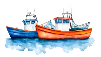 Naklejka premium Watercolor of Sustainable Fishing Boats with Nets in Clear Blue Ocean