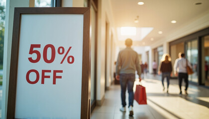 frustrated shopper Shopping mall sale sign with people walking by