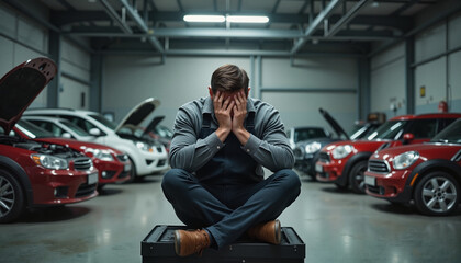 frustrated mechanic Frustrated man sitting in car repair shop