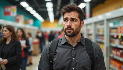 Concerned man shopping in grocery store aisle