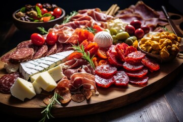 Wooden board with different type of cured meats and cheese