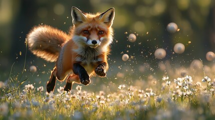 Fototapeta premium Portrait of a cute young red fox running in the spring wild.