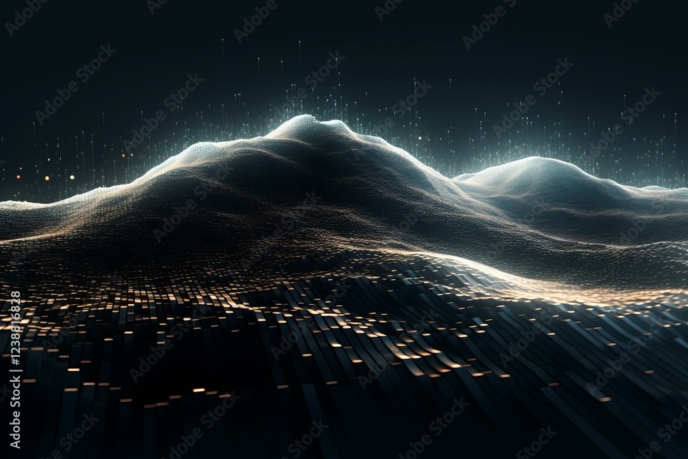Poster abstract digital landscape with glowing particles forming mountain range, symbolizing data flow and 