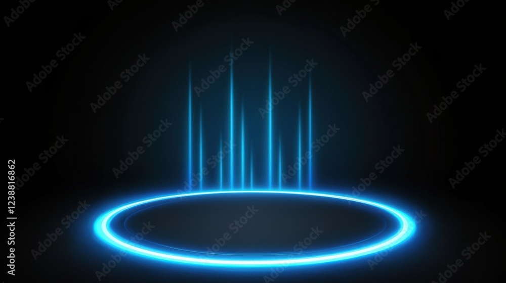 Poster a futuristic abstract tech background featuring vibrant blue neon laser rays arranged in a dynamic c