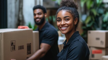 Two young adults smiling while moving boxes in an office with green plants