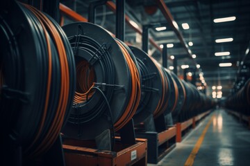 Wires and cables in coils at cable production factory