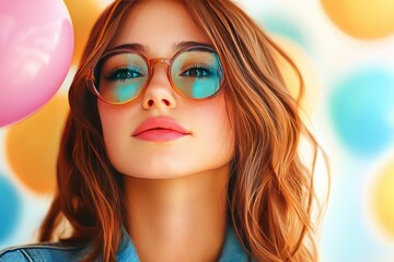 Fototapeta premium Fashionable Woman with Sunglasses and Balloons in Vibrant Backdrop