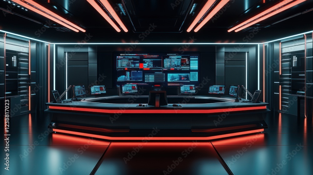 Poster futuristic control room with red lighting and multiple monitors