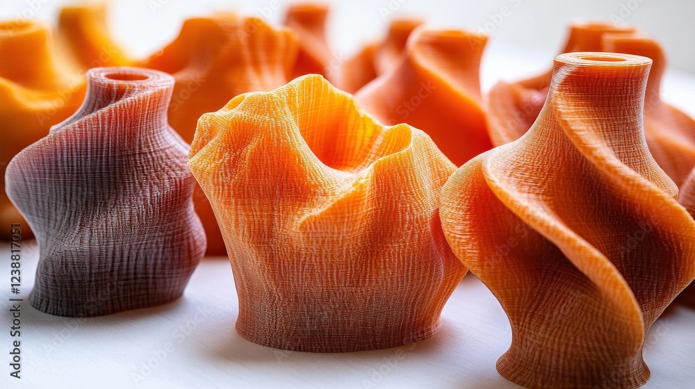 Poster colorful 3d-printed vases in various shapes displayed on a bright surface with soft lighting