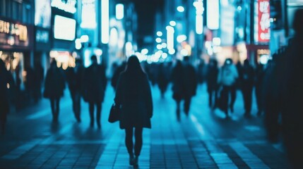 Woman walking night city street, neon lights blurred background, urban life, advertisement