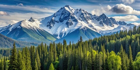 Fototapeta premium Towering snow-capped mountain range with dense forest at its base, geology, mountain range, hills, landforms