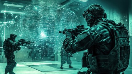 Fototapeta premium Soldiers Engage Virtual Reality Training Simulation