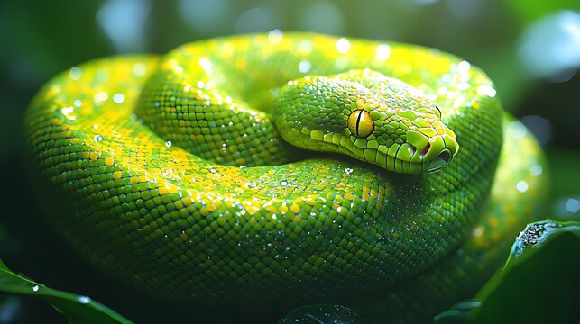 Green tree python coiled, rainforest, sunlight, dew, wildlife photography
