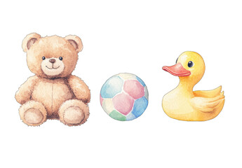 Cute watercolor painting of a teddy bear rubber duck and ball perfect for baby shower invitations or nursery decor