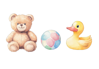 Cute watercolor painting of a teddy bear rubber duck and ball perfect for baby shower invitations or nursery decor