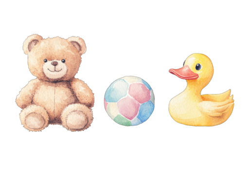 Cute watercolor painting of a teddy bear rubber duck and ball perfect for baby shower invitations or nursery decor - Powered by Adobe