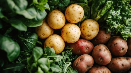 Fresh potatoes and leafy green vegetables arrangement