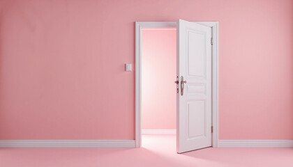 Romantic door opening to a softly lit pink room creating a welcoming and airy atmosphere with copy space
