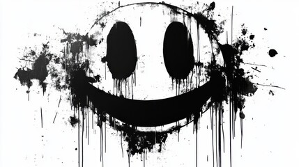 Grunge style black and white smiley face with paint splatter effect on white background