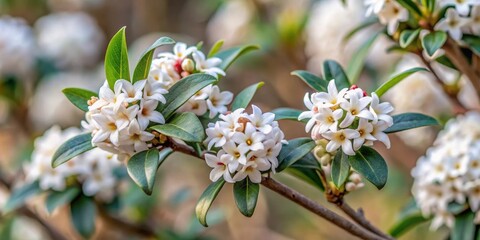 Fototapeta premium Daphne odora bush with clusters of small white fragrant flowers arranged in a cylindrical shape on bare branches in late winter, Daphne odora, Bare branches