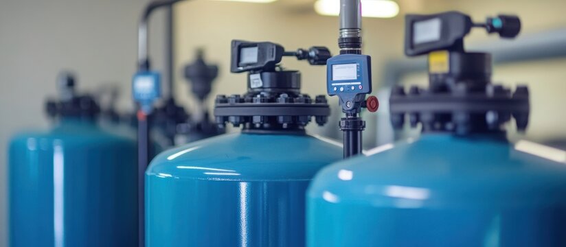 Industrial water filtration system close-up, facility background