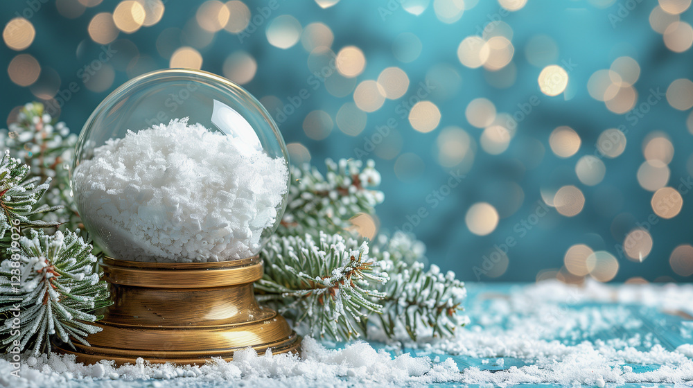 Poster snow globe with frosty pine branches and festive lights..