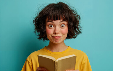 Playful Young Woman Holding a Book with a Joyful and Quirky Expression