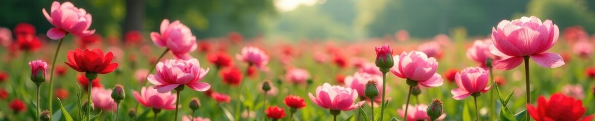 Obraz premium Field of pink peonies and red irises swaying gently in the breeze, art, colorful, garden