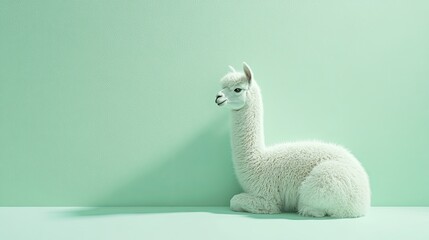 Fototapeta premium A playful alpaca captured on a soft mint background, gazing sideways, high-definition.