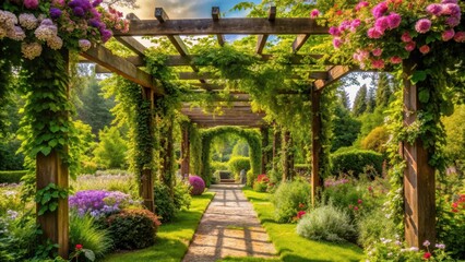 A pergola with lush greenery and vines climbing up its structure, surrounded by a serene garden landscape with blooming flowers and trees , architecture, outdoor
