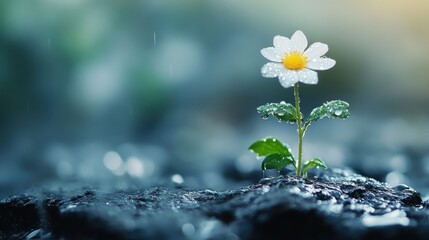 Small white flower with yellow center in natural setting realistic photography