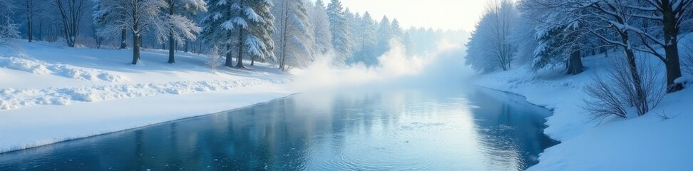 Icy mist rising from the snow covered riverbank, snow, water, winter