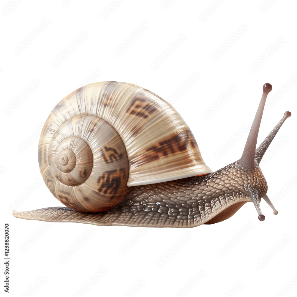 Poster closeup of a realistic snail with a detailed shell and textured body on a transparent surface