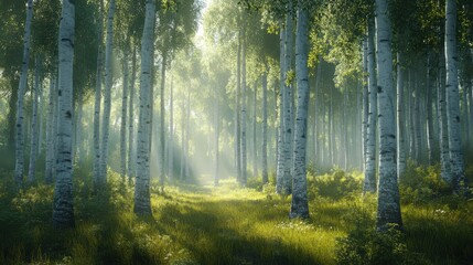 Obraz premium Lush green forest with tall trees and grass covering the forest floor in natural environment