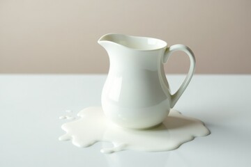 Fototapeta premium Milk pitcher on white table with scattered milk, drips, pitcher, table
