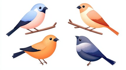 Fototapeta premium Colorful Collection of Illustrated Birds on Branches in Vibrant Styles and Designs