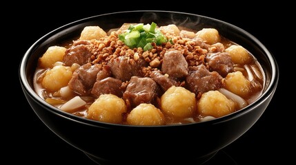 A bowl of authentic Thai boat noodles with thick soup, pork balls, sliced liver, basil, and crispy fried pork skin, served alongside chili flakes and lime.