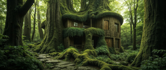 Naklejka premium house in the tree in the forest