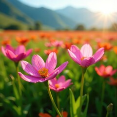 Obraz premium Peruvian lily astroemeria flowers in a field with sunlight, , wildflowers, landscape