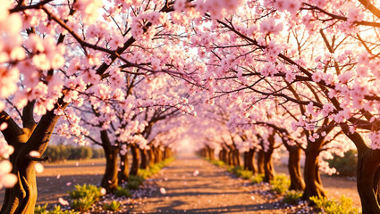 Fototapeta premium Cherry blossom alley in Japan, petals floating in the air, shallow depth of field, warm golden hour lighting