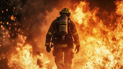 Fototapeta premium Brave Firefighter Walking Toward Intense Flames at Nighttime Scene