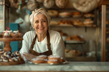 Smiling happy female pastry shop owner