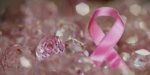A pink ribbon rests on top of a pile of crystals, perfect for decorative or symbolic uses