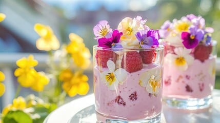 A close-up of raspberry yogurt parfaits with edible flowers and a drizzle of honey, styled on a sunny balcony breakfast table