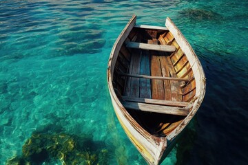 Obraz premium A serene scene with a wooden boat floating on a peaceful lake, ideal for editorial use