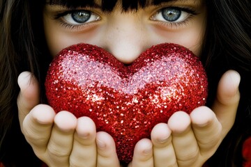 Youth valentine's day greeting card: youth girl with begging eyes face holds red heart in hands. Commercial ad campaign visual idea art. Sign of love and affection. Red heart valentine's mood.
